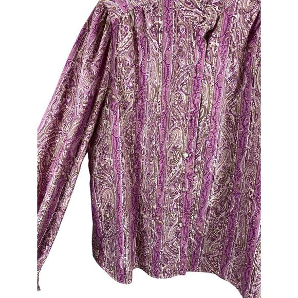 Vintage 1960s Blouse High Ruffle Neck Purple Paisley Button Up Secretary 42 / 2X - Picture 6 of 15